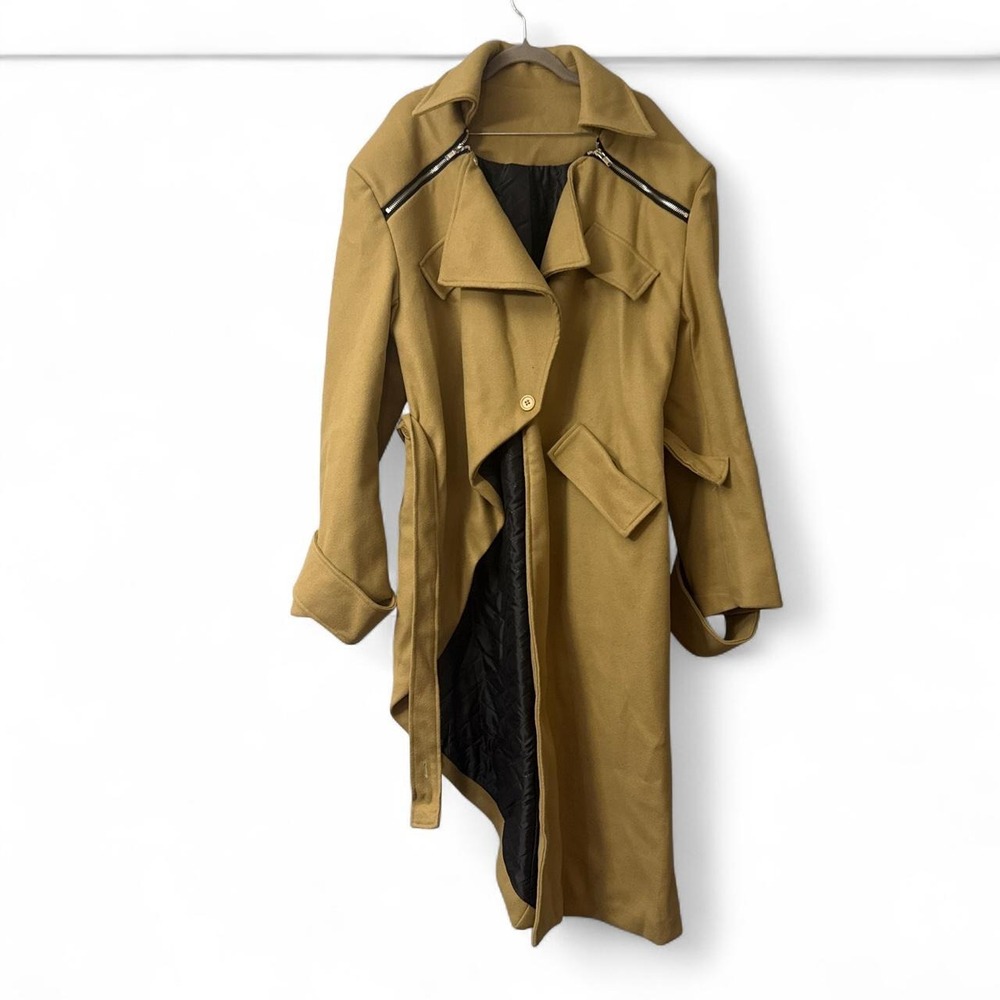 Women's Asymmetrical Stylish Trench Coat with Black Lining Zippered Detail